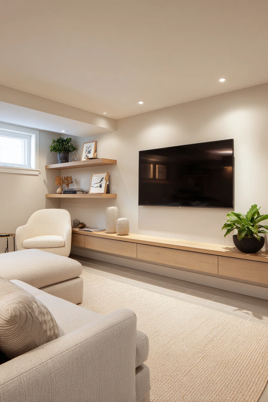 Minimalist Basement TV Wall With Hidden Storage image 1