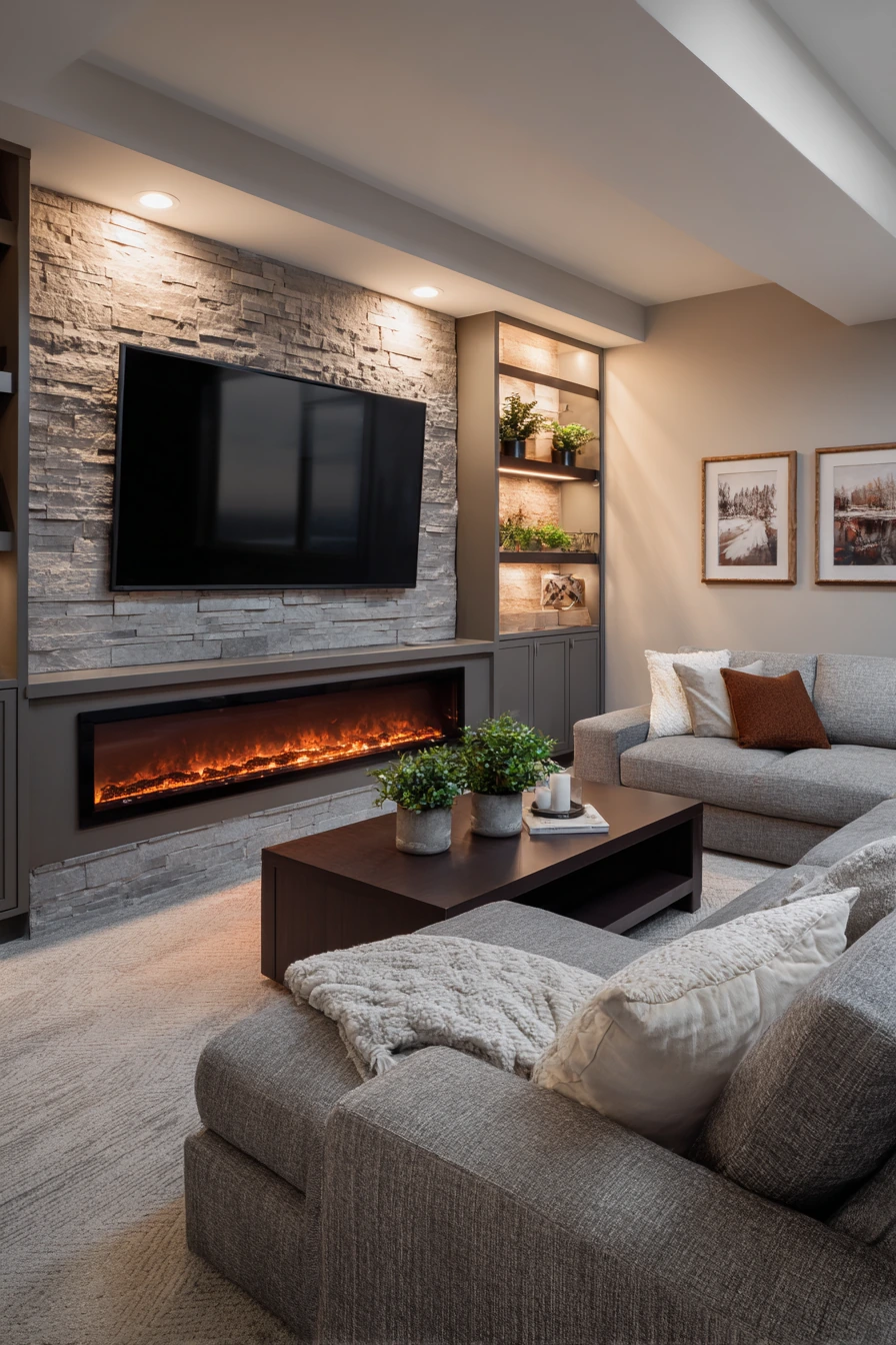 Basement TV Wall With Fireplace image 1