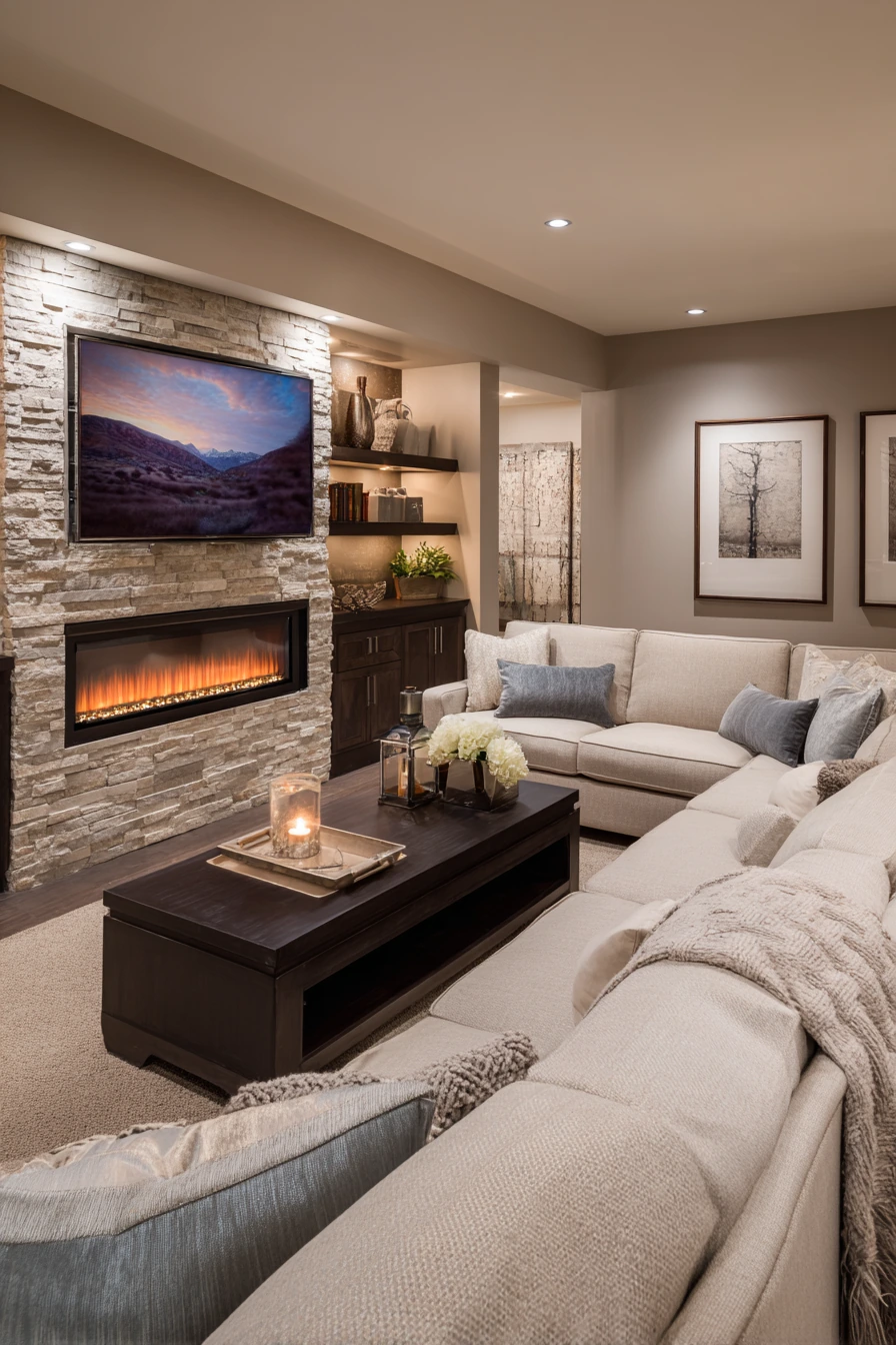 Basement TV Wall With Fireplace image 2