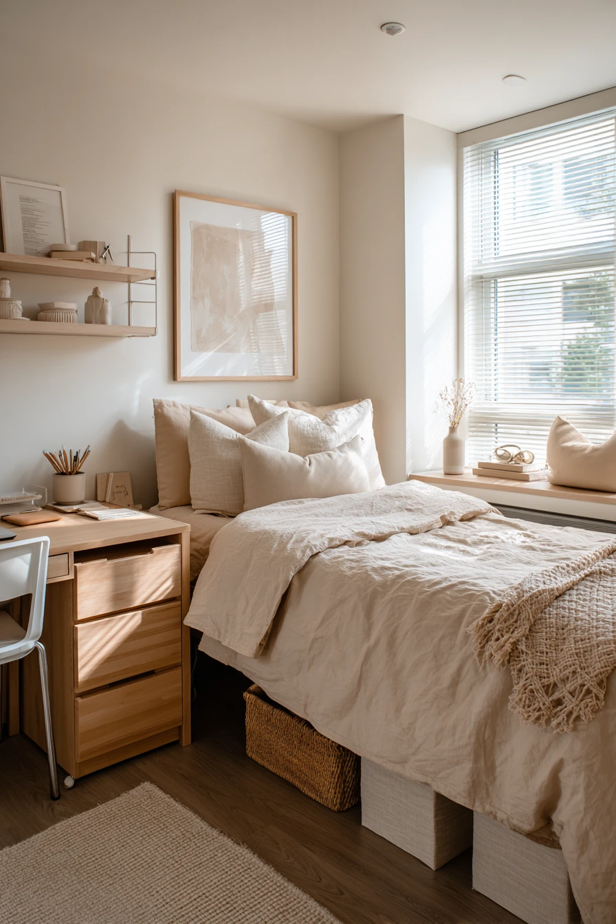 Neutral Dorm With Warm Wood Accents image 1