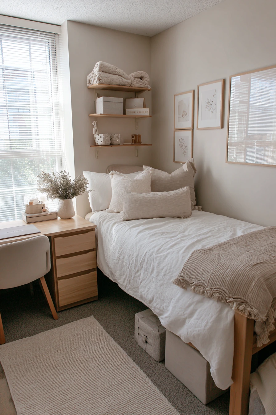 Neutral Dorm With Warm Wood Accents image 2