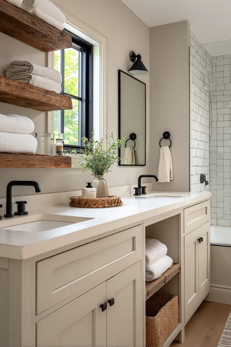 Farmhouse Jack and Jill Bathroom with Warm Wood Accents image 1