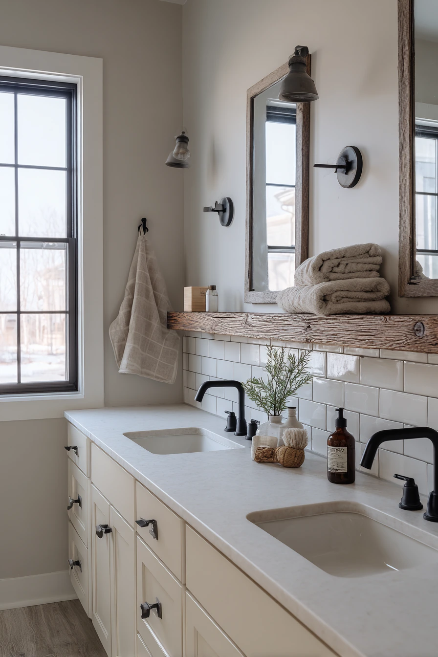 Farmhouse Jack and Jill Bathroom with Warm Wood Accents image 2