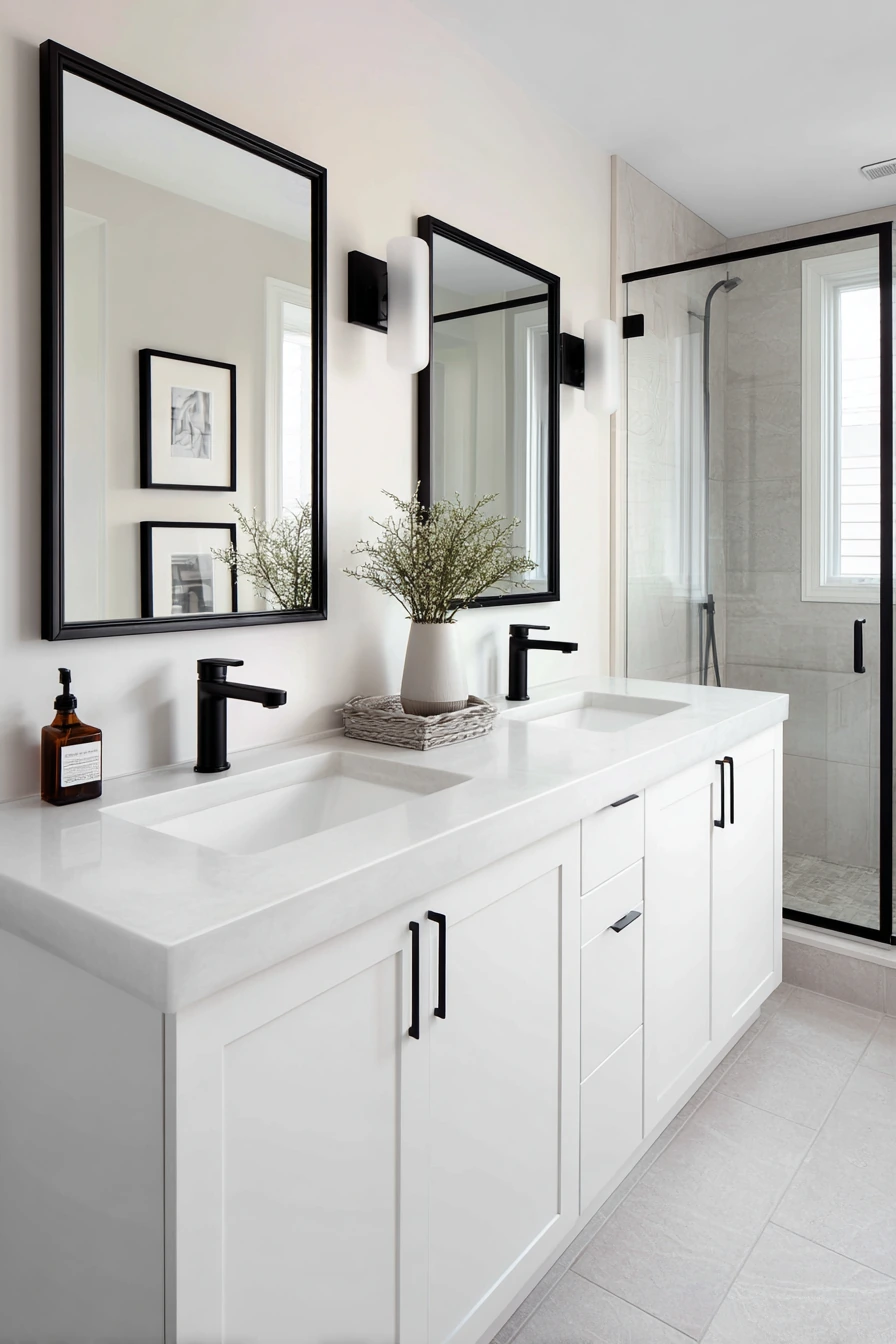 Contemporary Jack and Jill Bathroom with Black and White Contrast image 2
