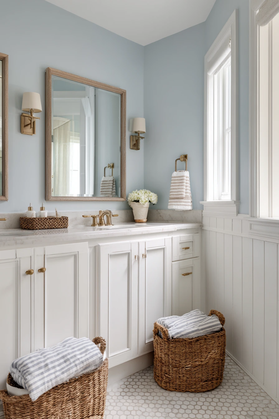 Coastal Jack and Jill Bathroom in Soft Blue and White image 1