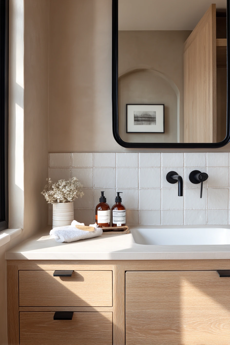 Teen Bathroom with Warm Wood and White Finishes image 1